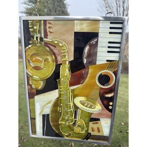 Paul Brent Hand Painted Glass Saxophone Music Sun Catcher Framed 16x11.5”